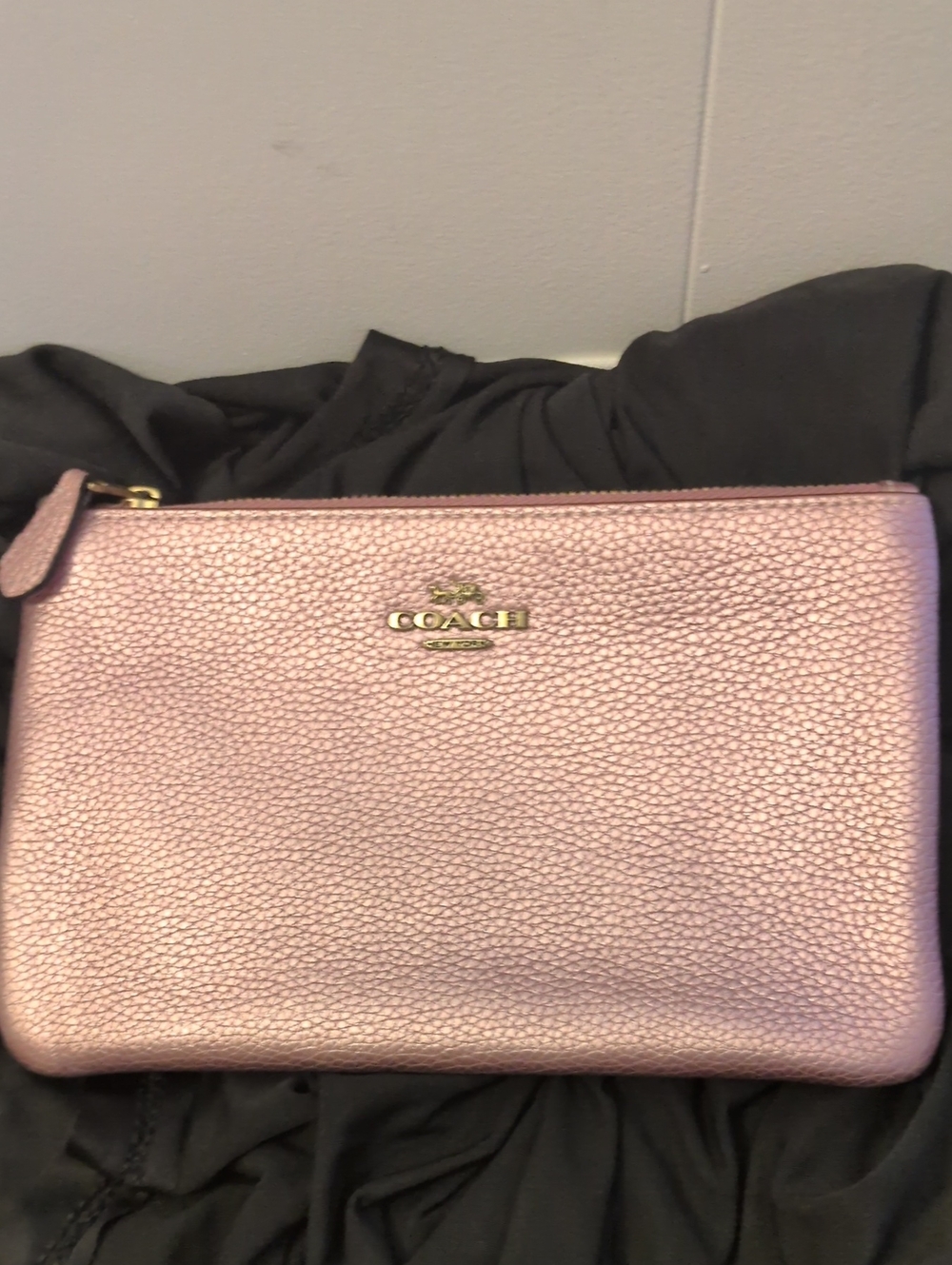 COACH Metallic Rose Pink Pebbled Leather Wristlet with Gold Logo